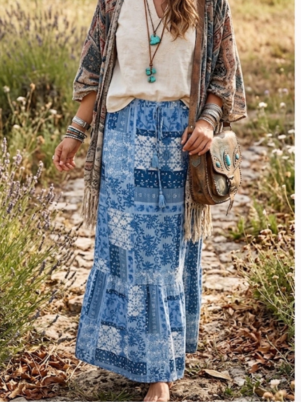 Frye Boho Patchwork Blue Maxi Skirt with Elastic Waist